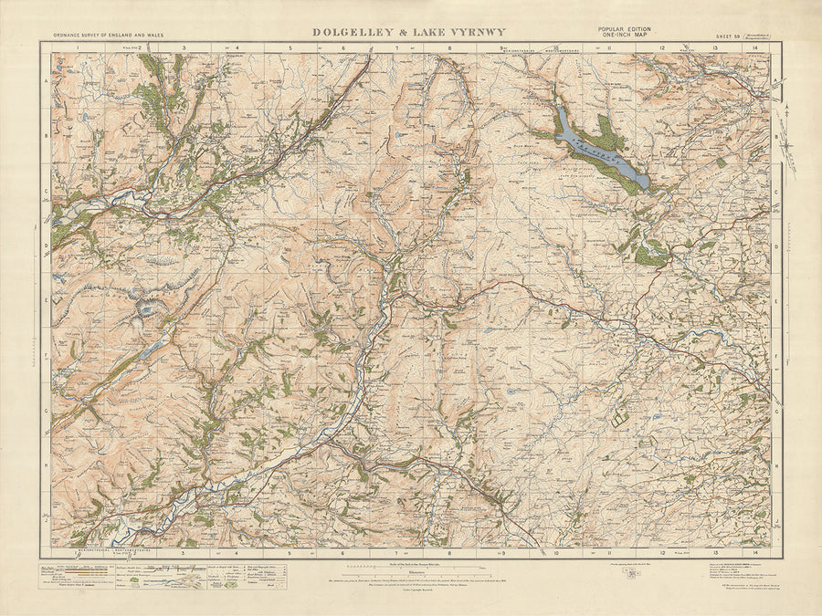 Alte Ordnance Survey Karte, Blatt 59 - Dolgelly & Lake Vyrnwy, 1925: Machynlleth, Corris, Aberangell, Coed y Brenin Waldpark, Eryri Nationalpark 