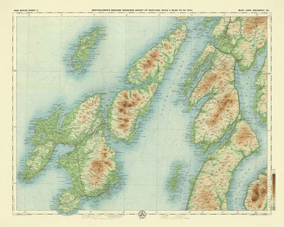 Antiguo mapa OS de Islay, Argyll por Bartholomew, 1901: Bowmore, Paps of Jura, Loch Indaal, Sound of Islay, Loch Gruinart, Loch Finlaggan