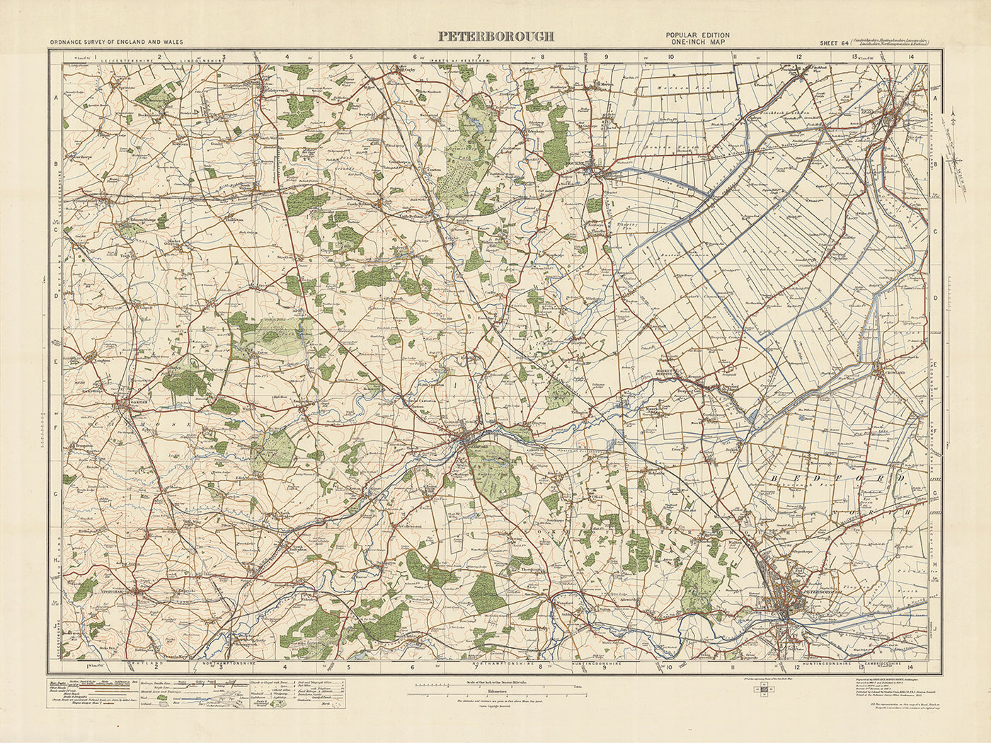 Carte Old Ordnance Survey, feuille 64 - Peterborough, 1925 : Stamford, Oakley, Bourne, Spalding, Burghley House