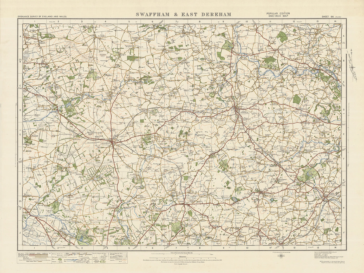 Carte Old Ordnance Survey, feuille 66 - Swaffam & East Dereham, 1925 : Watton, Wymondham, Attleborough, Reepham, Oxburgh Estate