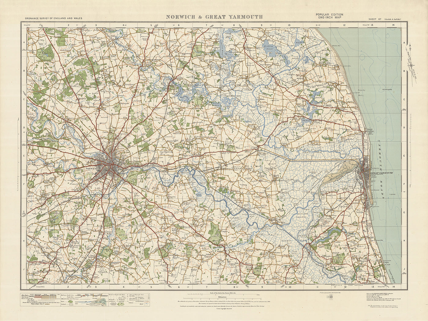 Mapa de Old Ordnance Survey, hoja 67 - Norwich y Great Yarmouth, 1925: Caister-on-Sea, Hethersett, Loddon, Acle, The Broads