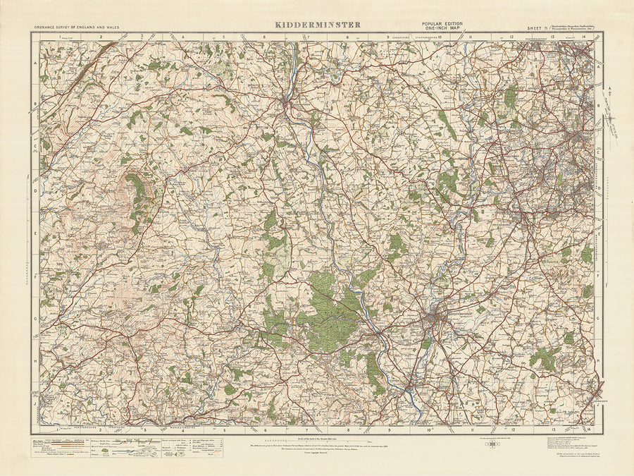 Mapa de Old Ordnance Survey, hoja 71 - Kidderminster, 1925: Dudley, Stourbridge, Stourport-on-Severn, Bridgnorth, Reserva Natural Nacional Wyre Forest