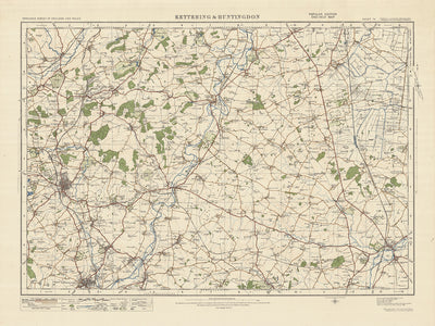 Carte Old Ordnance Survey, feuille 74 - Kettering & Huntingdon, 1925 : Corby, Oundle, Wellingborough, Huntingdon, Yaxley