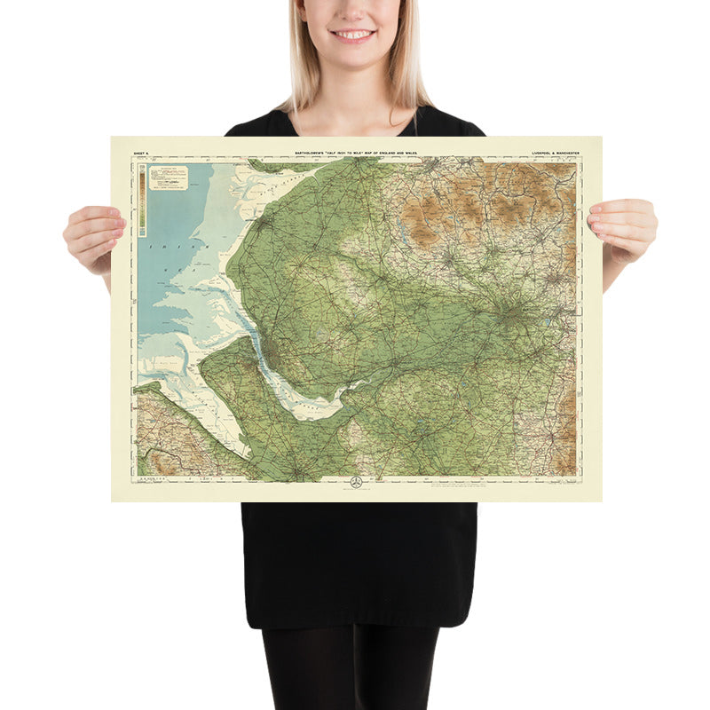Mappa OS antica di Liverpool e Manchester di Bartholomew, 1901: Mersey, Pennine Hills, Peak District, Chester, Ferrovie 