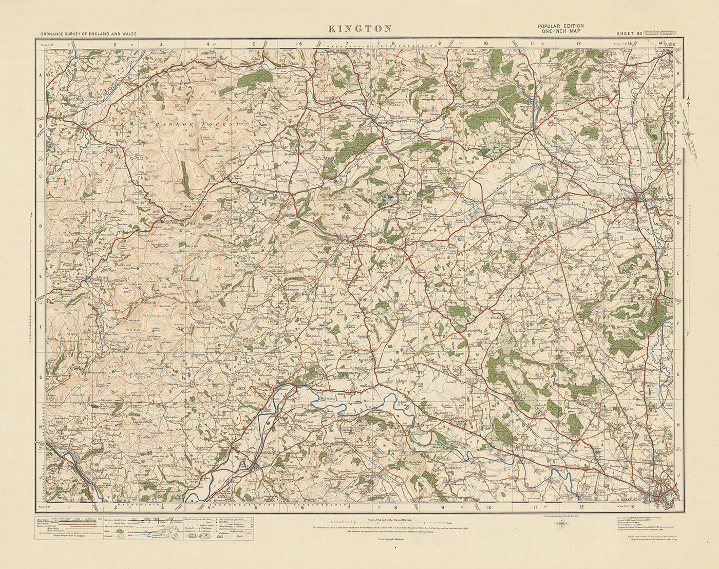 Carte Old Ordnance Survey, feuille 80 - Kington, 1925 : Leominster, Hereford, Presteigne, Hay-on-Wye, New Radnor