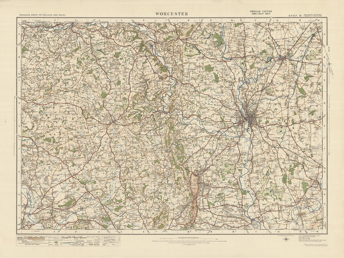 Carte Old Ordnance Survey, feuille 81 - Worcester, 1925 : Droitwich Spa, Bromyard, Tenbury Wells, Pershore, Malvern Hills AONB