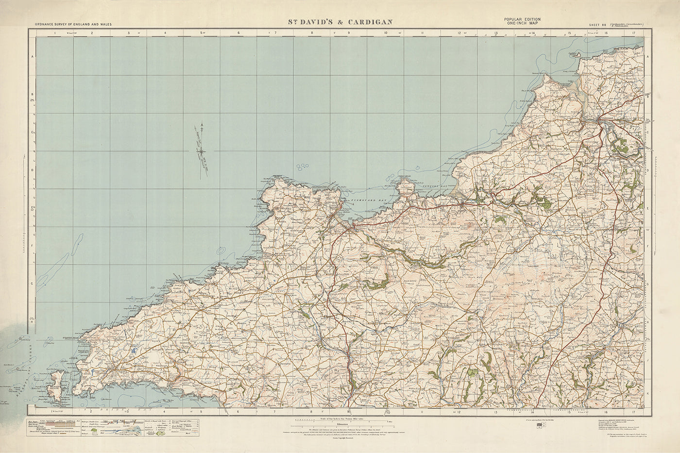 Mapa de Old Ordnance Survey, hoja 88 - St. Davids & Cardigan, 1925: Fishguard, Newport, Letterston, Ramsey Island y el Parque Nacional de la Costa de Pembrokeshire