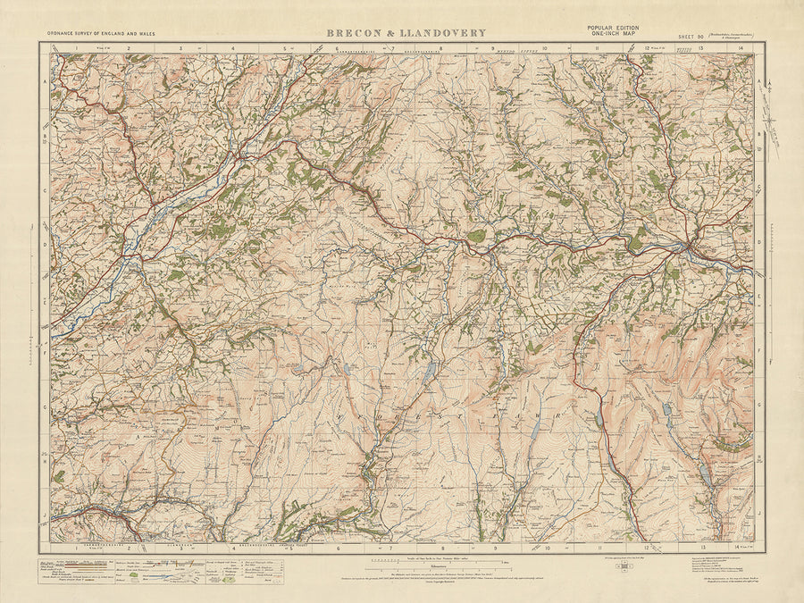 Carte Old Ordnance Survey, feuille 90 - Brecon & Llandovery, 1925 : Llangadog, Llanwrda, Glanaman, National Showcaves Centre for Wales, Parc national Bannau Brycheiniog