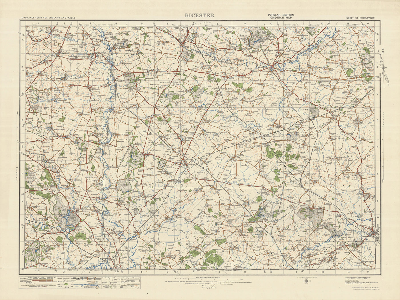 Carte Old Ordnance Survey, feuille 94 - Bicester, 1925 : Buckingham, Brackley, Aylesbury, Kidlington, Woodstock
