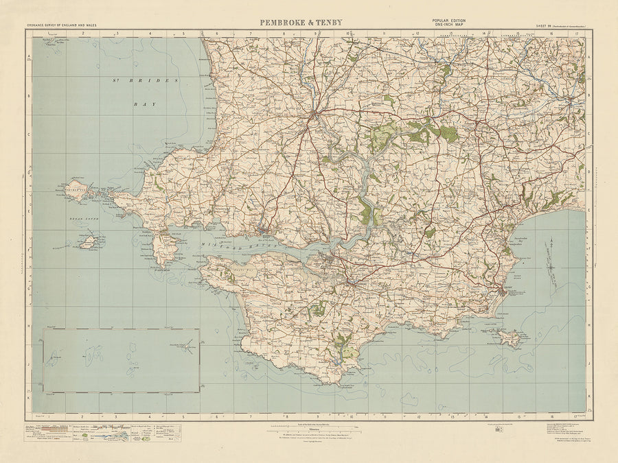Mapa de Old Ordnance Survey, hoja 99 - Pembroke & Tenby, 1925: Neyland, Milford Haven, Haverfordwest, Narberth, Parque Nacional de la Costa de Pembrokshire