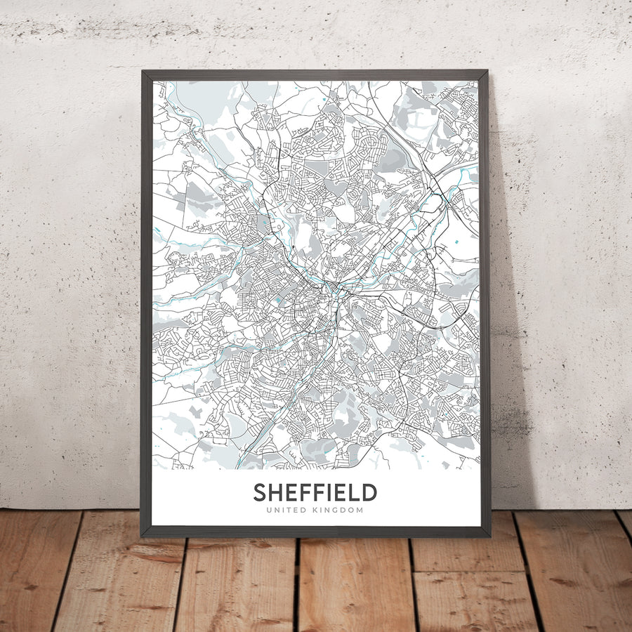 Mapa moderno de la ciudad de Sheffield, Reino Unido: centro de la ciudad, catedral de Sheffield, Weston Park, A61, M1