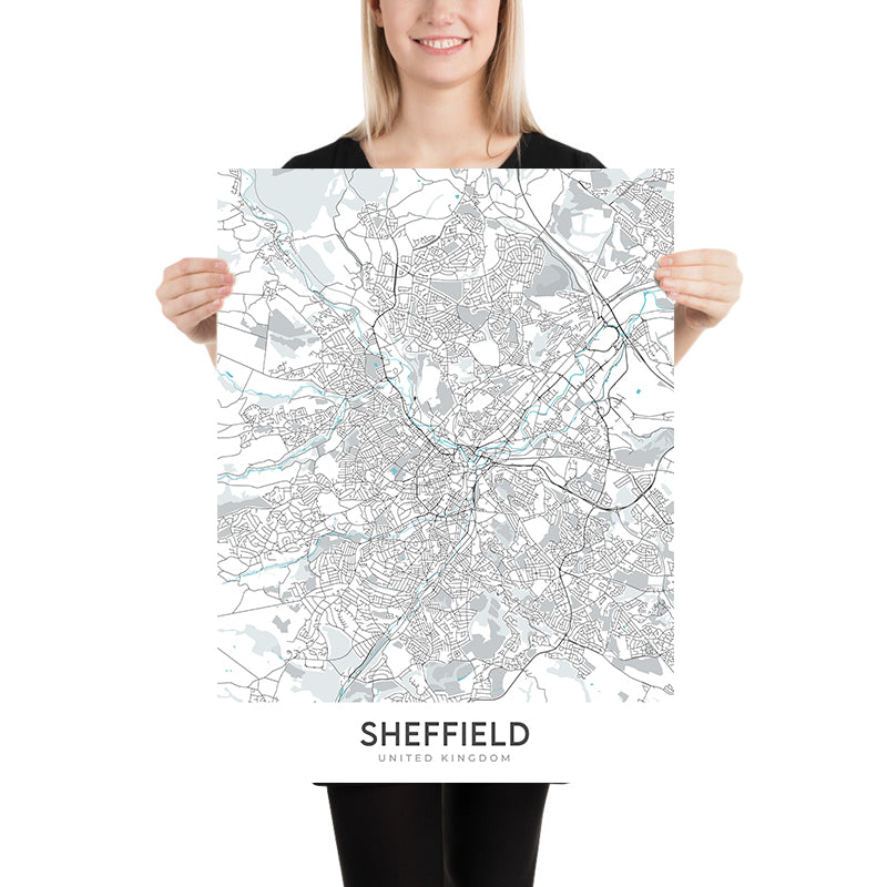 Mapa moderno de la ciudad de Sheffield, Reino Unido: centro de la ciudad, catedral de Sheffield, Weston Park, A61, M1