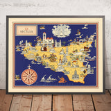 Vecchia mappa pittorica della Sicilia di De Agostini, 1938: Palermo, Catania, Messina, Parco dell'Etna, Parco dei Nebrodi 