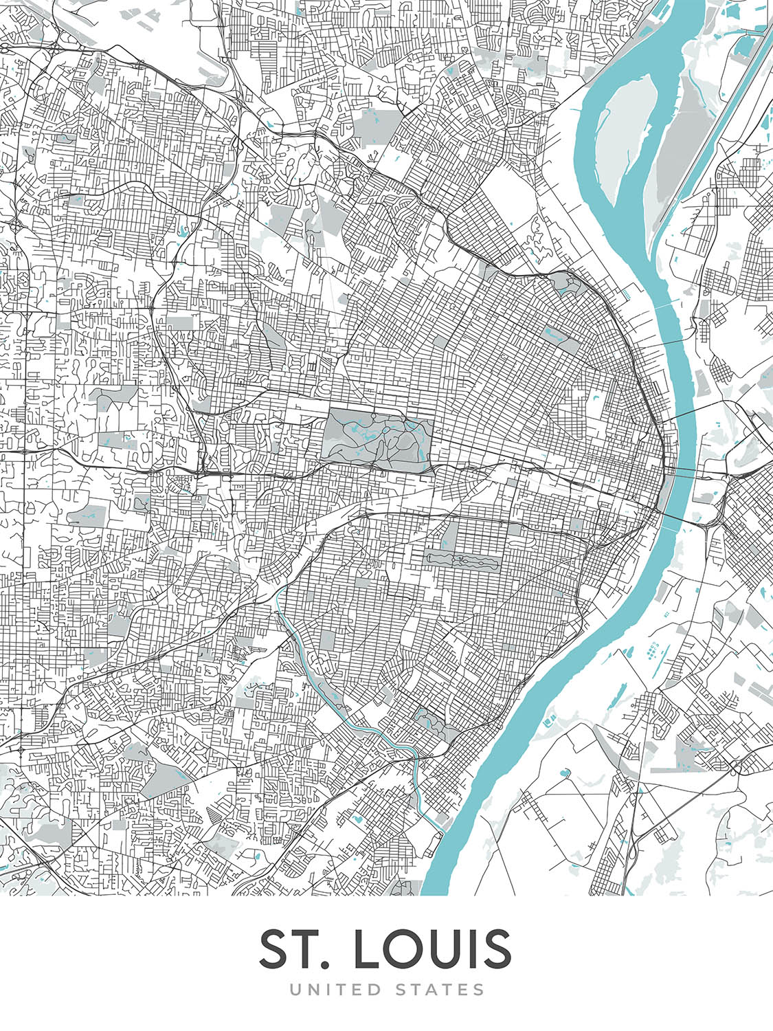 Mapa moderno de la ciudad de St. Louis, MO: Gateway Arch, Busch Stadium, Forest Park, Soulard, Central West End