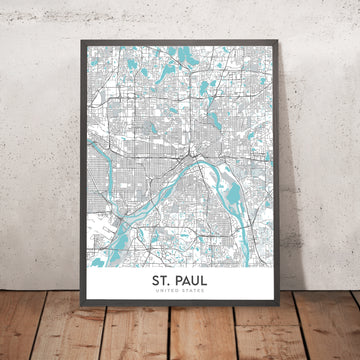 Mapa moderno de la ciudad de St. Paul, MN: Como Park, Highland Park, Macalester College, Capitolio del estado de Minnesota, río Mississippi