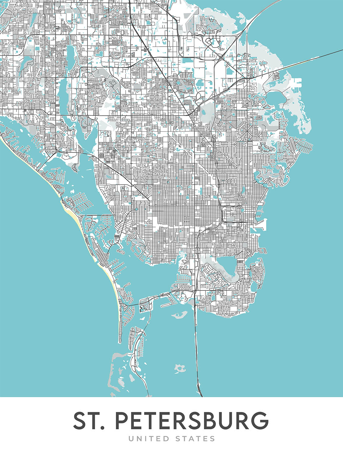 Mapa moderno de la ciudad de San Petersburgo, Florida: Crescent Lake, el centro, el antiguo noreste, Pinellas Point, el muelle