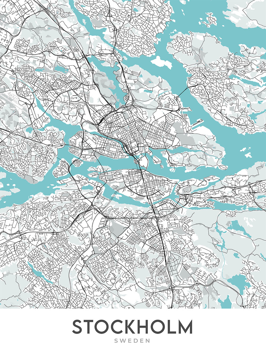 Moderner Stadtplan von Stockholm, Schweden: Gamla Stan, Stockholmer Schloss, Djurgården, E4, E18
