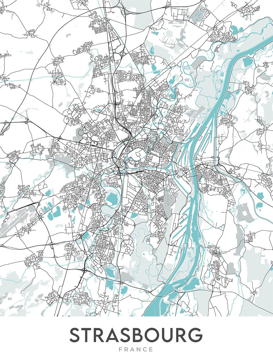 Mapa moderno de la ciudad de Estrasburgo, Francia: Catedral, Rohan, Parc, Gare, A35