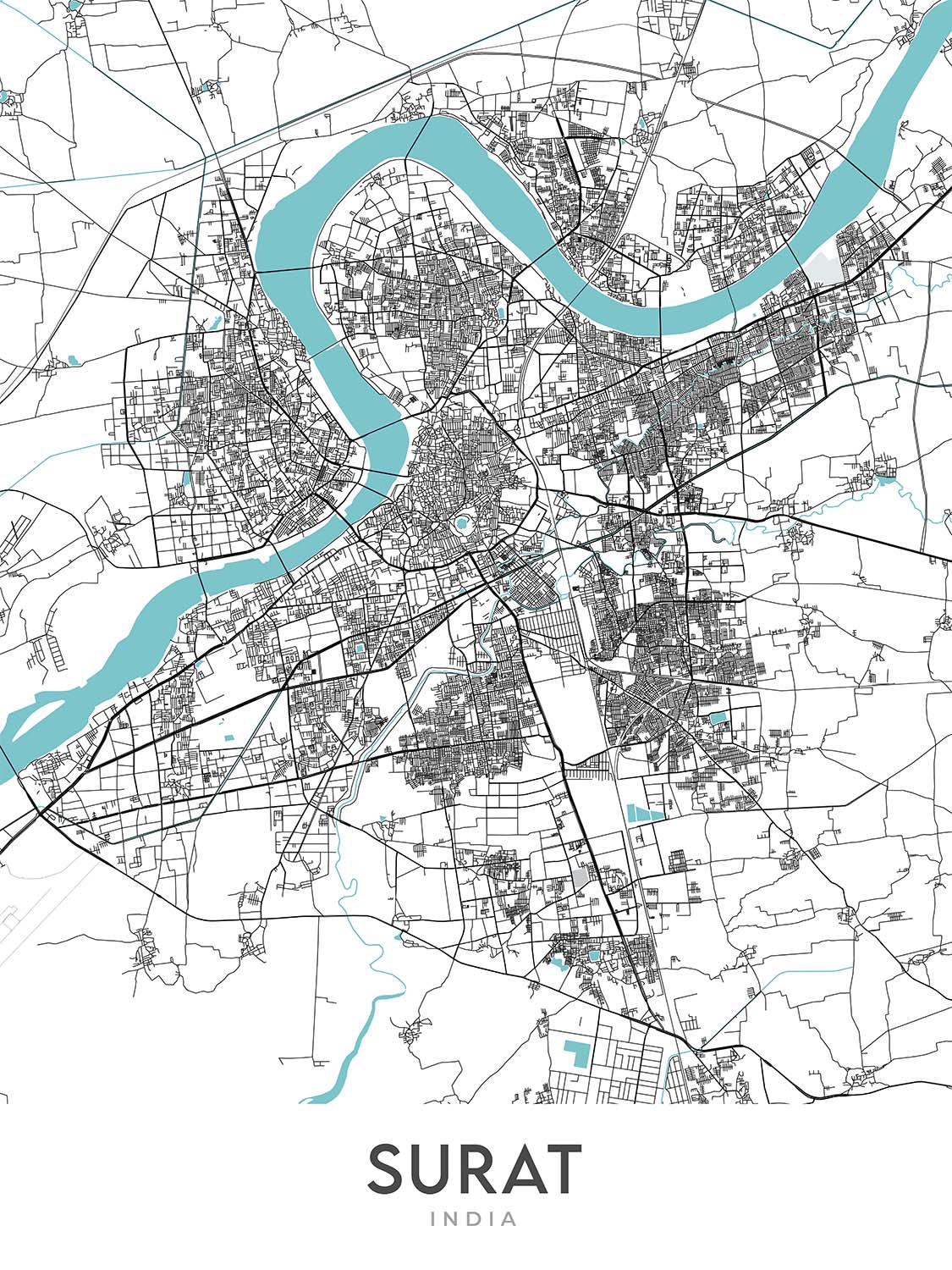 Plan de la ville moderne de Surat, Gujarat : Athwa, rivière Tapi, parc Sarthana, chemin Dumas, jardin hollandais