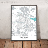 Modern City Map of Swords, Ireland: Swords Castle, Malahide Castle, Donabate Beach, Portrane Beach, Rush Beach
