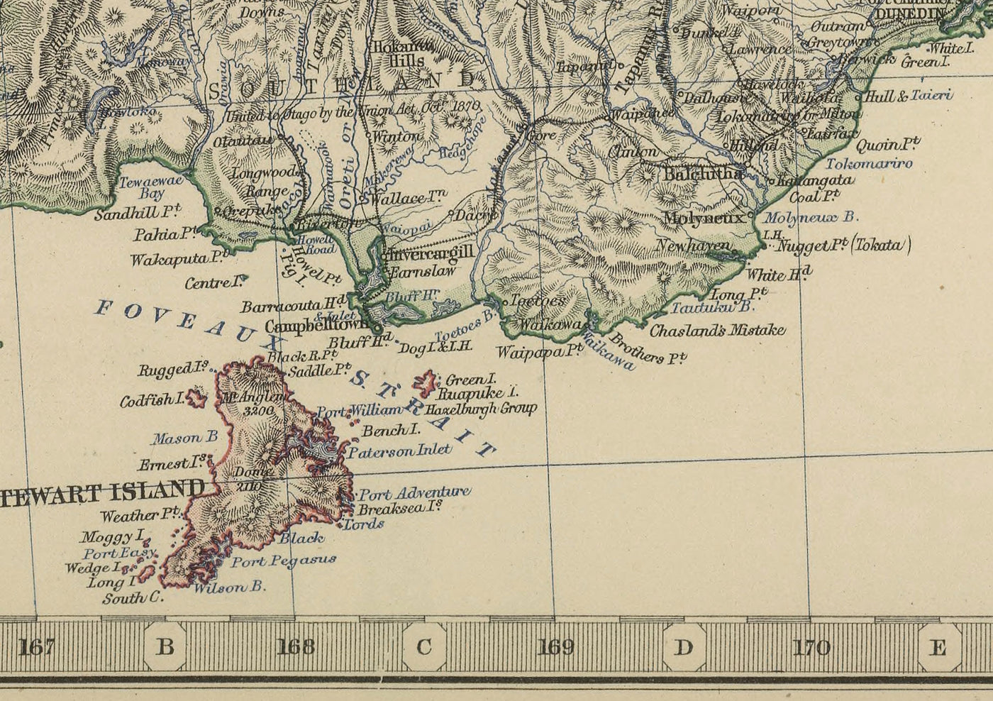 Old Map of New Zealand in 1879 by AK Johnston - Auckland, Christchurch, Wellington, Queenstown, Dunedin