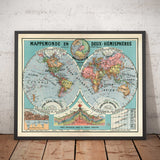 Ancienne carte du monde du double hémisphère en 1925 par Joseph Forest - Volcans, montagnes, fonds marins