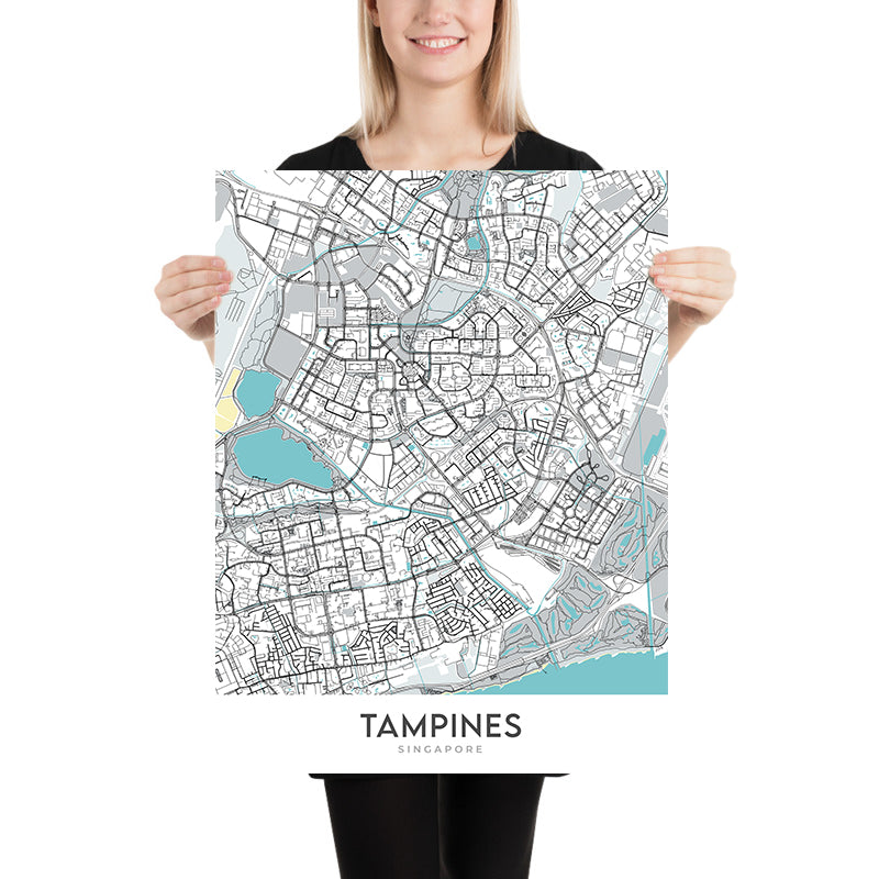 Mapa moderno de la ciudad de Tampines, Singapur: Our Tampines Hub, Tampines Mall, Eco Green, Biblioteca Regional, Central Park