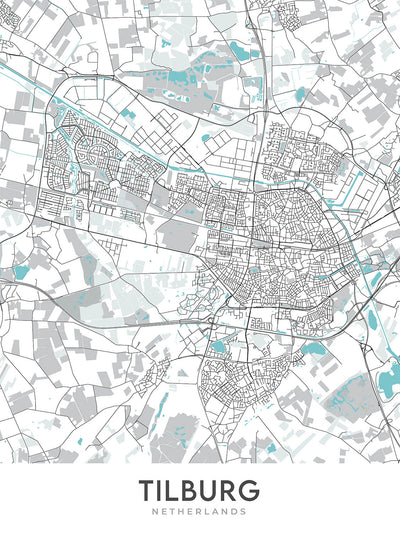 Modern City Map of Tilburg, Netherlands: Tilburg University, De Pont Museum, Natuurmuseum Brabant, TextielMuseum, Paleis-Raadhuis