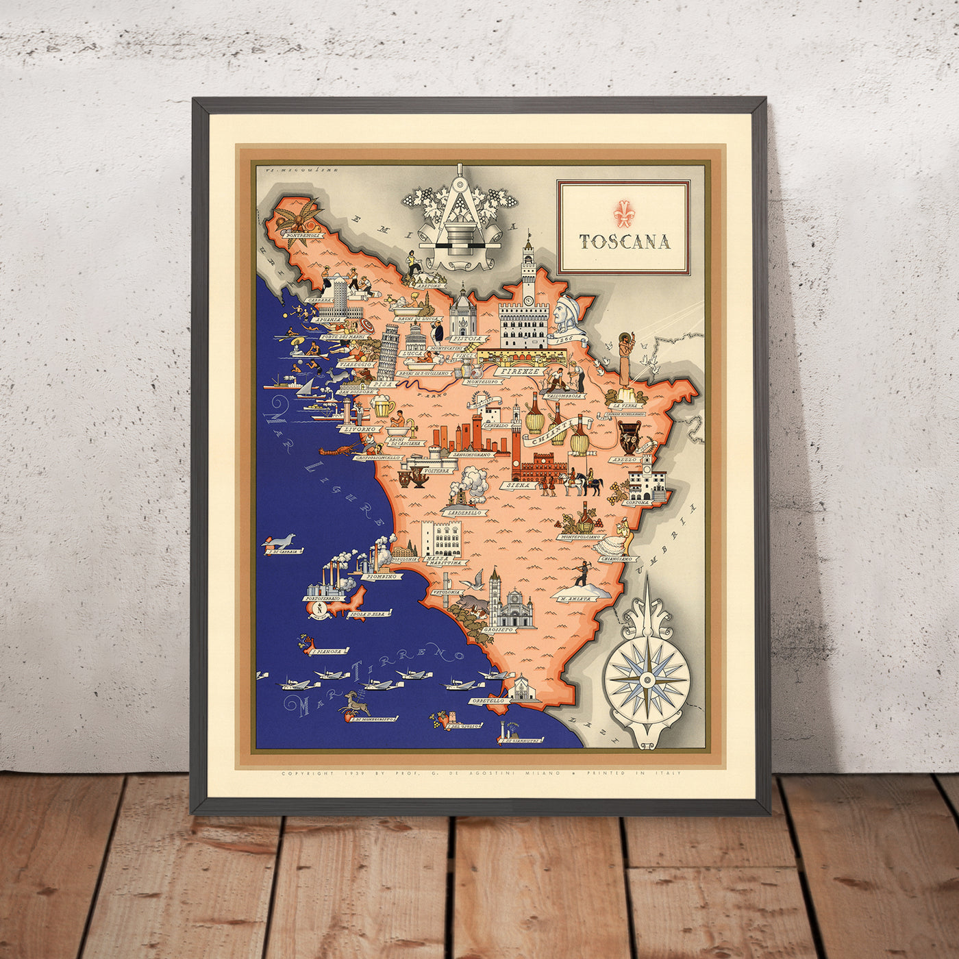 Alte Bildkarte der Toskana von De Agostini, 1938: Pisa, Florenz, Siena, Nationalpark Toskanischer Archipel, Nationalpark Foreste Casentinesi