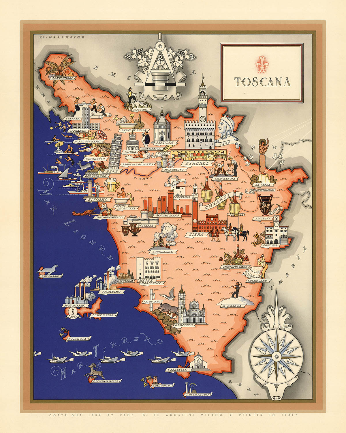 Old Pictorial Map of Tuscany by De Agostini, 1938: Pisa, Florence, Siena, Tuscan Archipelago, Foreste Casentinesi