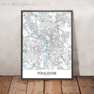 Mapa moderno de la ciudad de Toulouse, Francia: Saint-Sernin, Pont Neuf, Place du Capitole, Canal du Midi, río Garona