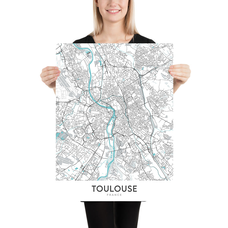 Mapa moderno de la ciudad de Toulouse, Francia: Saint-Sernin, Pont Neuf, Place du Capitole, Canal du Midi, río Garona