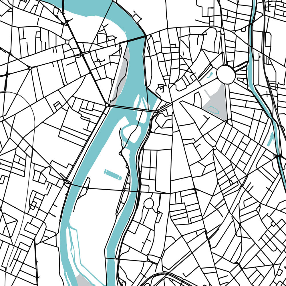 Mapa moderno de la ciudad de Toulouse, Francia: Saint-Sernin, Pont Neuf, Place du Capitole, Canal du Midi, río Garona
