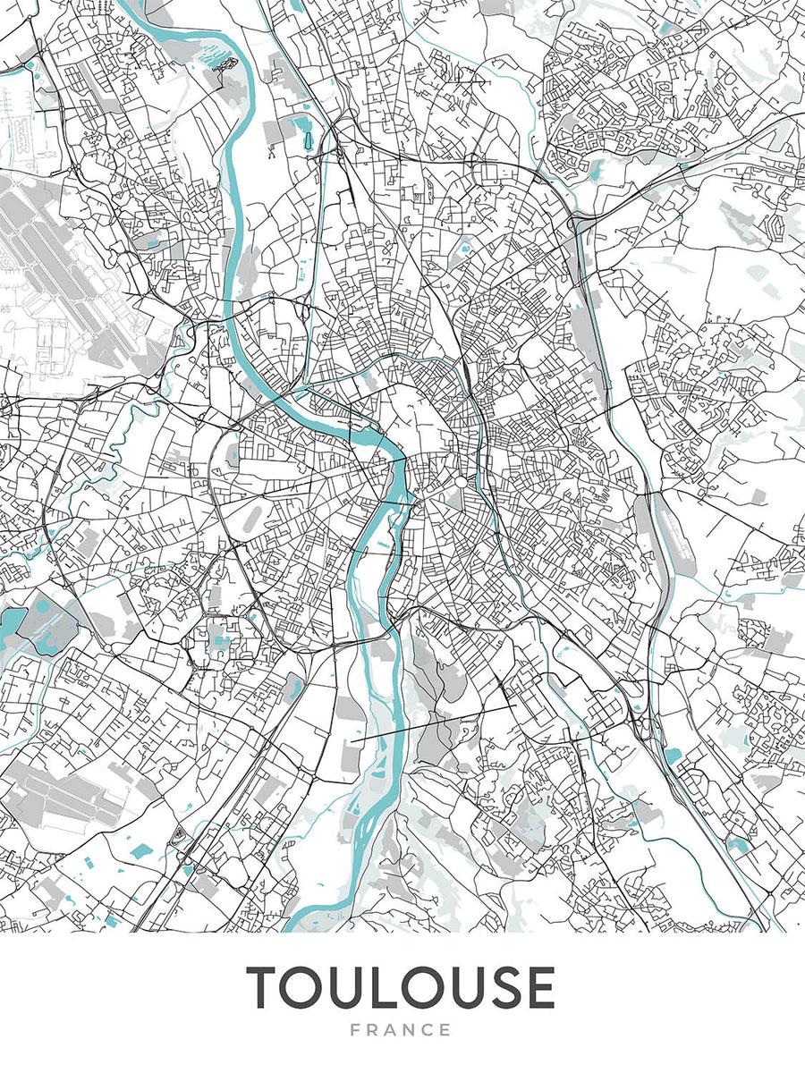 Mapa moderno de la ciudad de Toulouse, Francia: Saint-Sernin, Pont Neuf, Place du Capitole, Canal du Midi, río Garona
