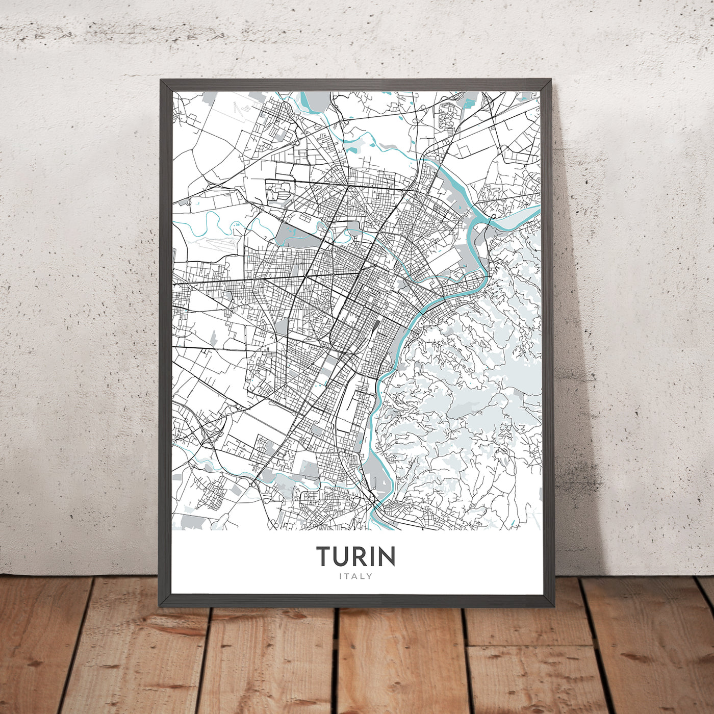 Mapa moderno de la ciudad de Turín, Italia: Duomo, Mole, Museo Egipcio, Estadio Juventus, Basílica