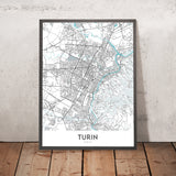 Plan de la ville moderne de Turin, Italie : Duomo, Mole, Musée égyptien, Stade de la Juventus, Basilique
