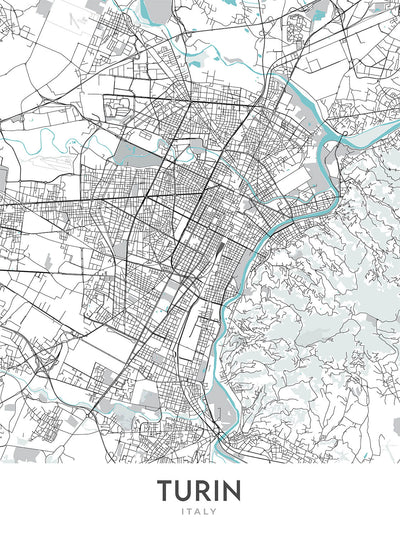 Mapa moderno de la ciudad de Turín, Italia: Duomo, Mole, Museo Egipcio, Estadio Juventus, Basílica