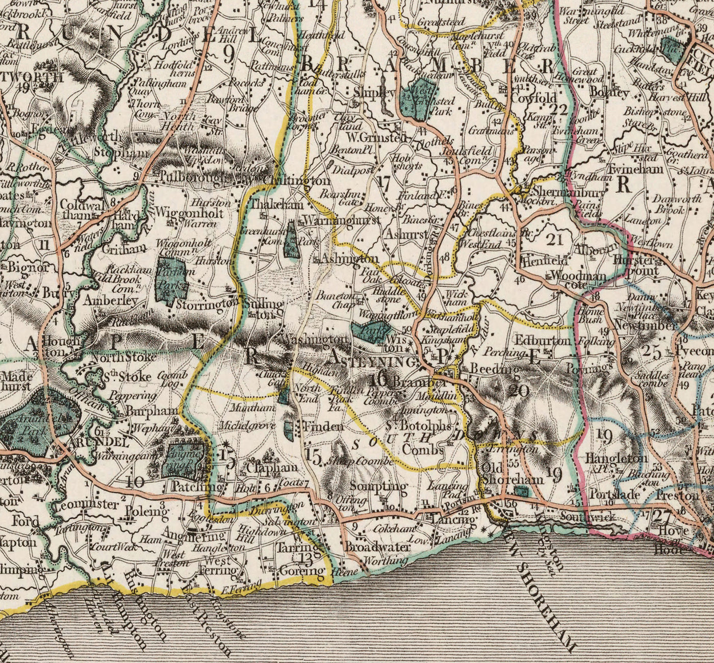 Old Map of Sussex in 1801 by John Cary - Brighton, Hastings, Eastbourne, Preston, Dumford