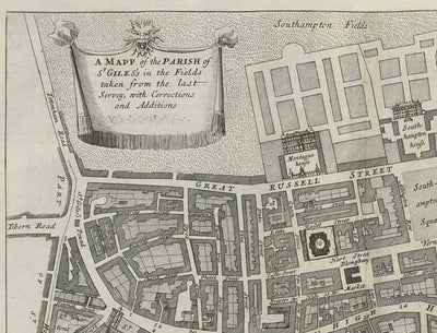 Old Map of London St Giles in 1720 by John Strype and John Stow - Great Russell Street, Lincoln's Inn Fields, High Holborn, Drury Lane