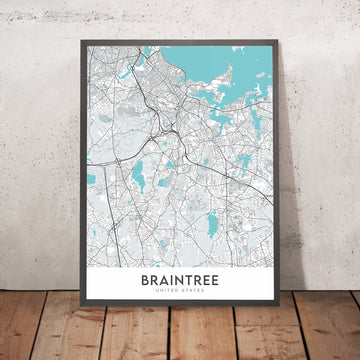 Plan de la ville moderne de Braintree, MA : hôtel de ville de Braintree, lycée de Braintree, bibliothèque publique de Braintree, route 3, route 37