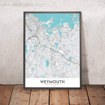 Mappa moderna della città di Weymouth, MA: Municipio di Weymouth, Biblioteca Tufts, Route 3, Route 18, Scuola superiore di Weymouth 