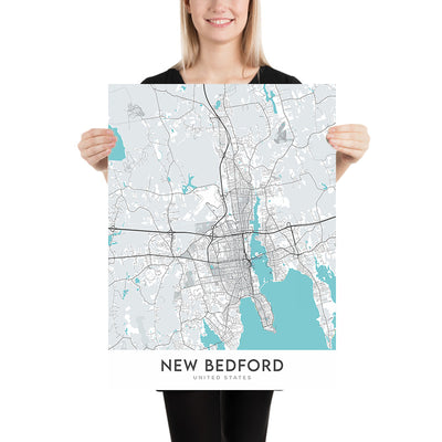 Modern City Map of New Bedford, MA: Downtown, North End, West End, South End, East End