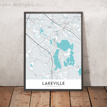 Mapa moderno de la ciudad de Lakeville, MA: centro de la ciudad de Lakeville, lago Assawompset, ruta 18, I-195, autopista de peaje de Massachusetts