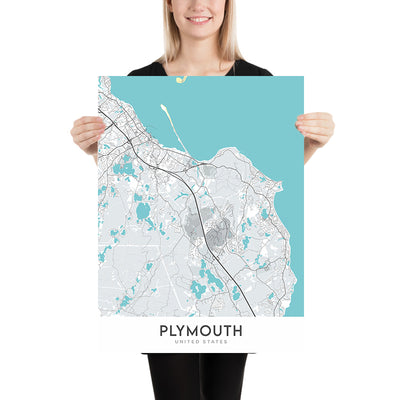 Modern City Map of Plymouth, MA: Pilgrim Hall Museum, Mayflower II, Plymouth Rock, National Monument to the Forefathers, and the Waterfront