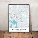 Plan de la ville moderne de Middleborough, MA : Middleborough Center, lac Assawompset, Interstate 495, rivière Nemasket, étang Assawompset