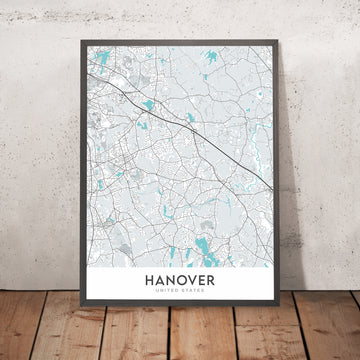 Mapa moderno de la ciudad de Hanover, MA: Hanover Center, Silver Lake, Ruta 3, Hanover Mall, Hanover Theatre