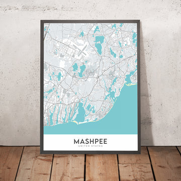 Mapa de la ciudad moderna de Mashpee, MA: Commons, Parque Estatal de Playa South Cape, Reserva de Bahía Waquoit, Playa Popponesset, Estanque Santuit 