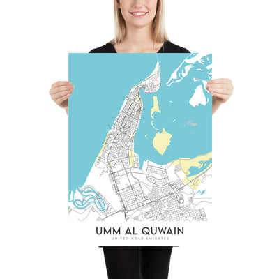 Plan de la ville moderne d'Umm Al Quwain, Émirats arabes unis : fort d'Umm Al Quwain, musée d'Umm Al Quwain, corniche d'Umm Al Quwain, route Sheikh Mohammed Bin Zayed, route Emirates