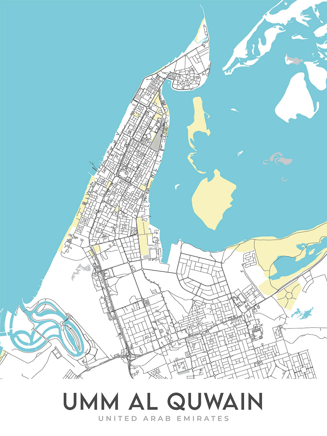 Mapa moderno de la ciudad de Umm Al Quwain, Emiratos Árabes Unidos: Fuerte de Umm Al Quwain, Museo de Umm Al Quwain, Corniche de Umm Al Quwain, Sheikh Mohammed Bin Zayed Road, Emirates Road