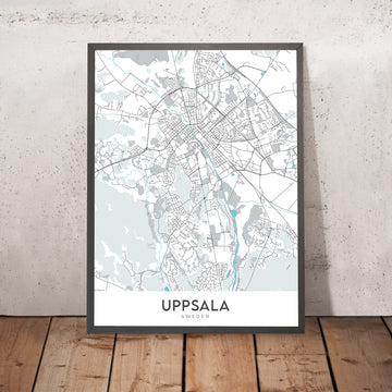 Mapa moderno de la ciudad de Uppsala, Suecia: castillo, catedral, universidad, parques, río